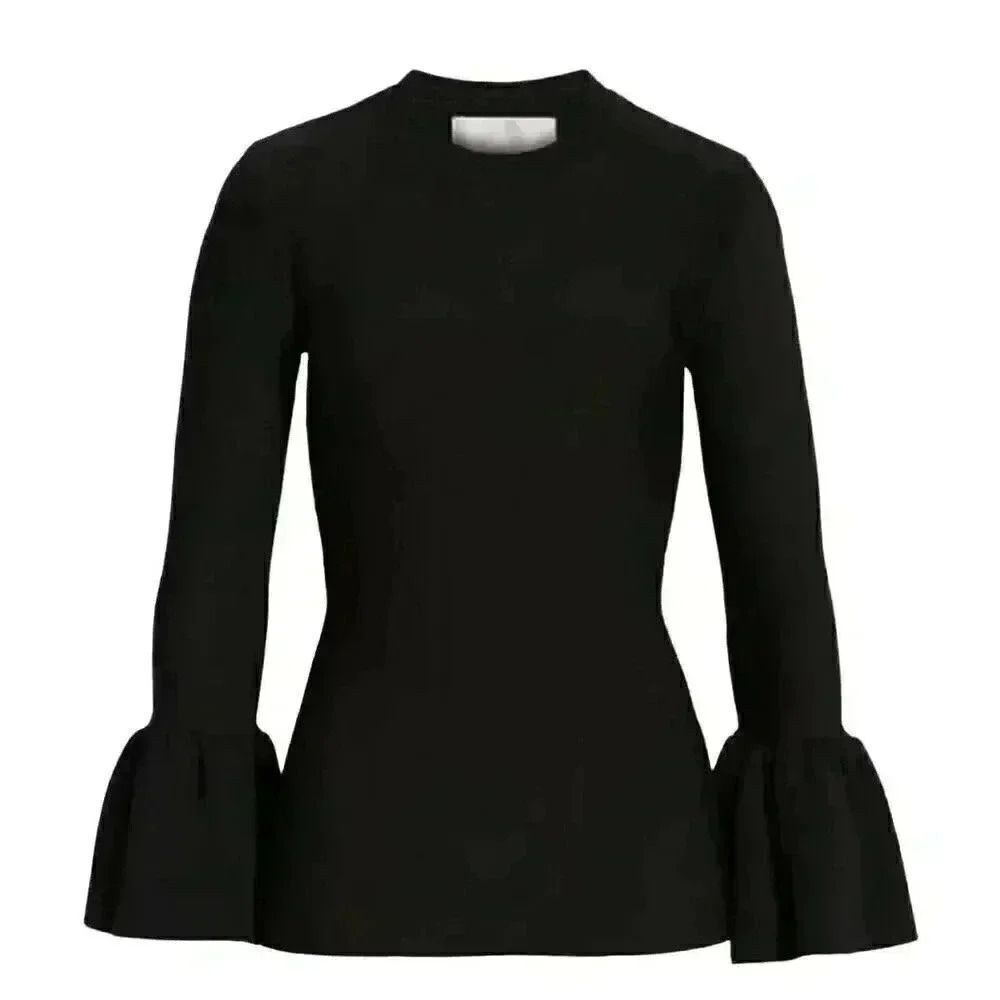 Rachel Parcell Women's Black Viscose/Poly/Nylon Knit Crew Neck Bell Sleeve Sweat